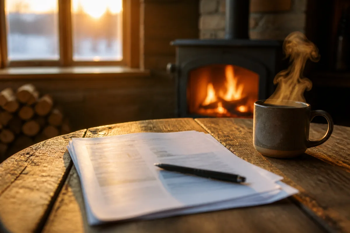 Devis de fumisterie posé sur une table près d&rsquo;un poêle à bois, lumière d&rsquo;hiver