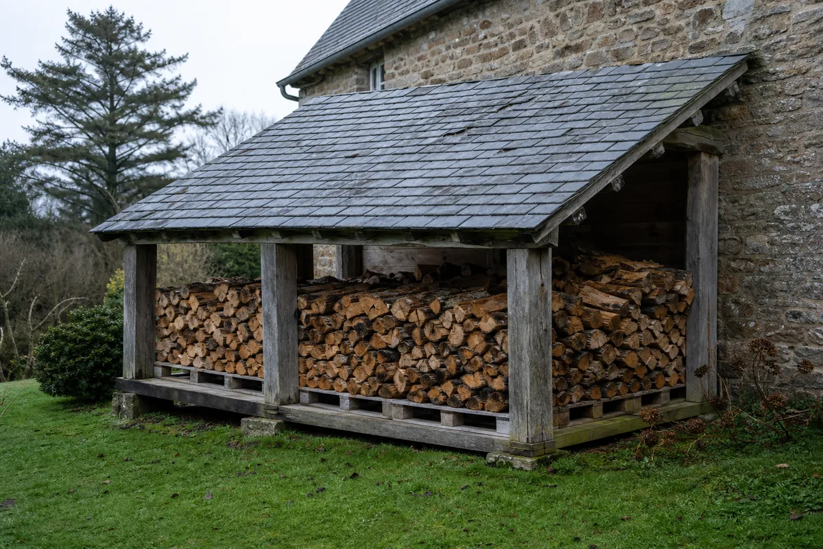 Bûches de chêne fendues empilées sous un abri ouvert dans un jardin breton