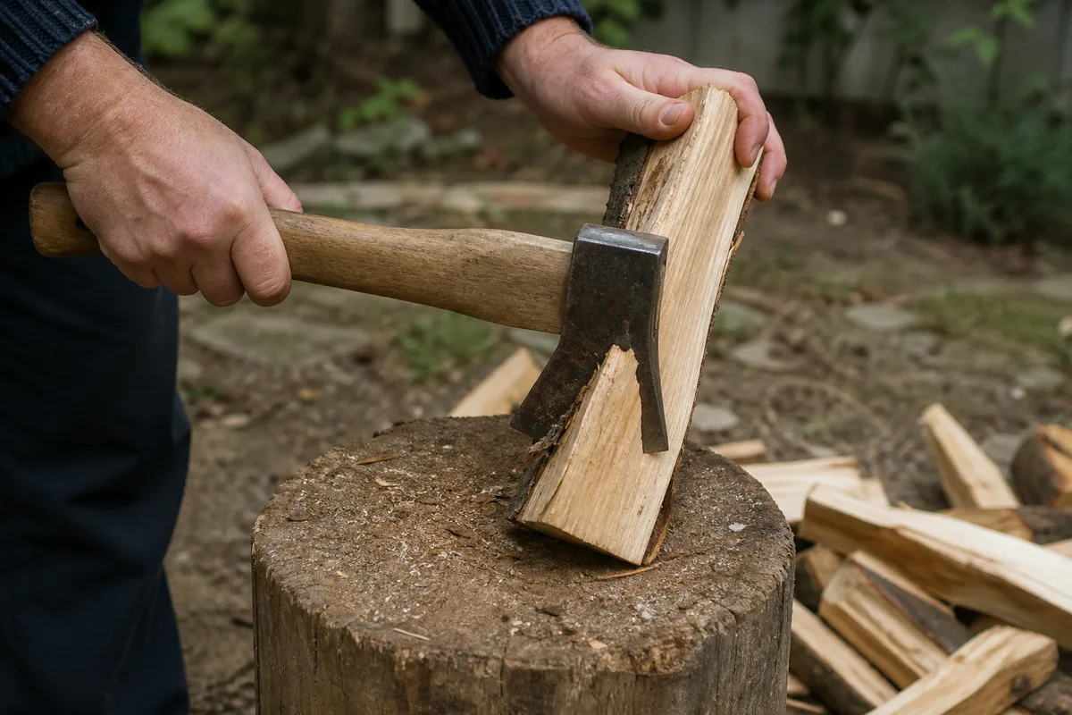 Mains fendant une bûche à la hache sur un billot, bois clair mis à nu