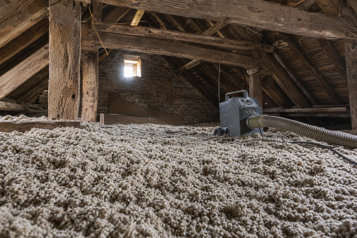Combles isolés par soufflage de laine dans une maison bretonne