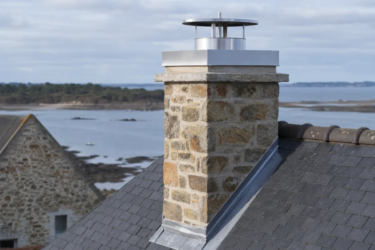 Cheminée en pierre et souche exposée au vent salin sur le littoral du golfe du Morbihan