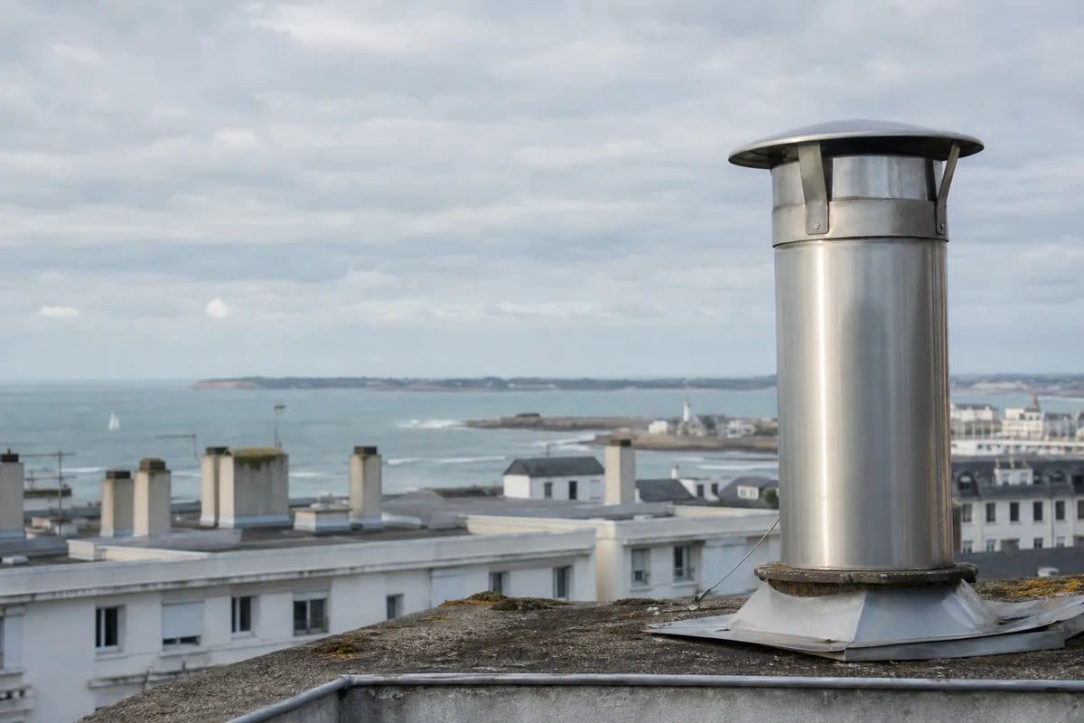 Sortie de conduit inox sur un toit d&rsquo;immeuble de la Reconstruction face au littoral de Lorient