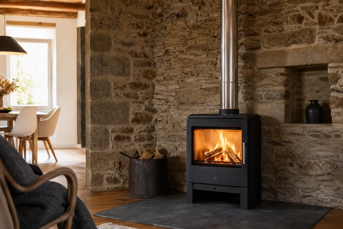 Poêle à bois et conduit tubé dans une maison bretonne du golfe du Morbihan